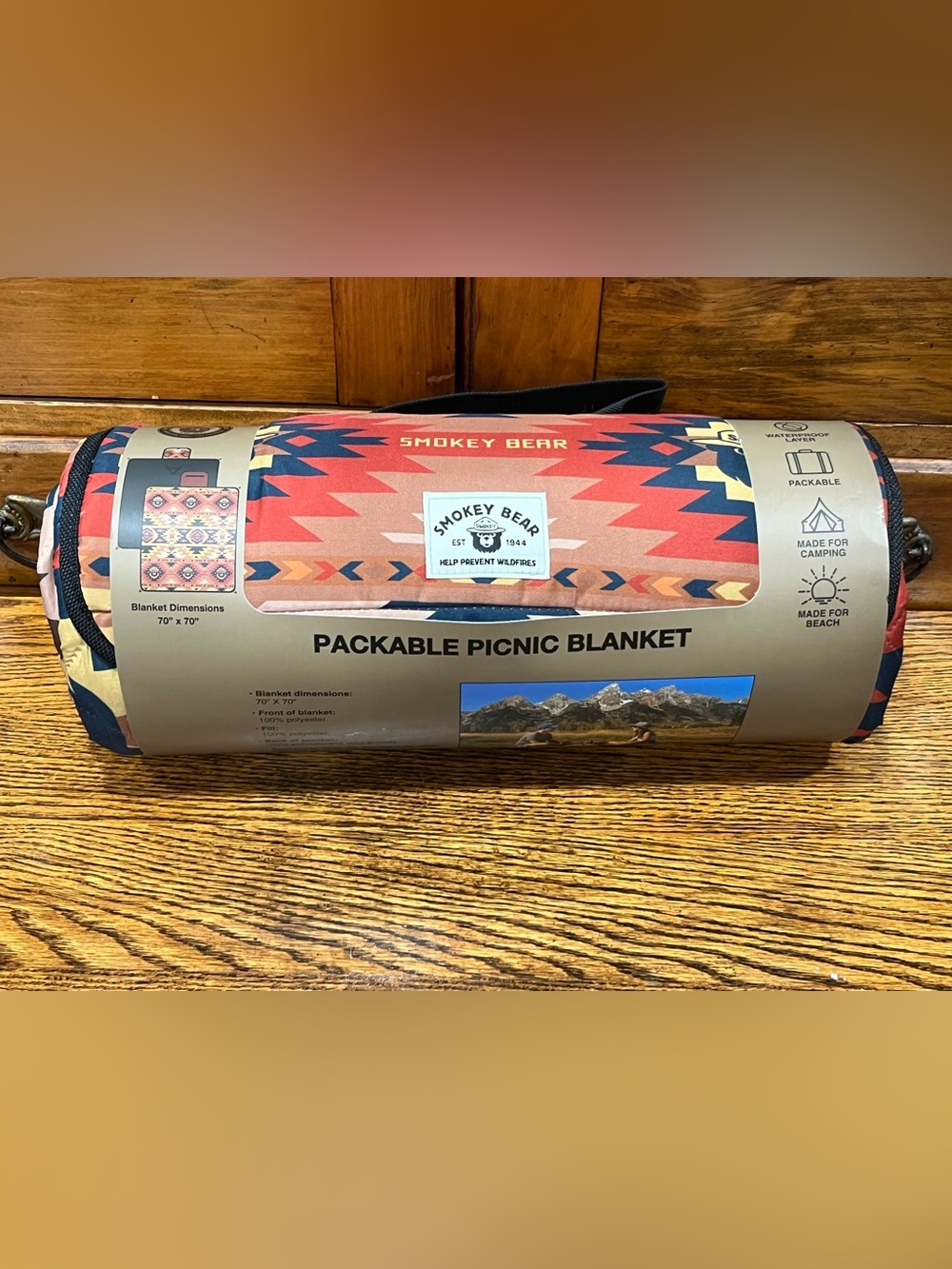 Smokey Bear Packable Picnic Blanket 70" x 70" Southwestern Aztec Print Camping